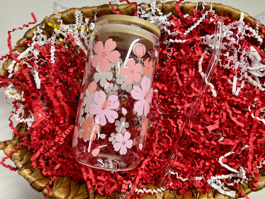 Cherry Blossom Flowers 🌸 16oz Libbey Glass Cup with Bamboo Lid